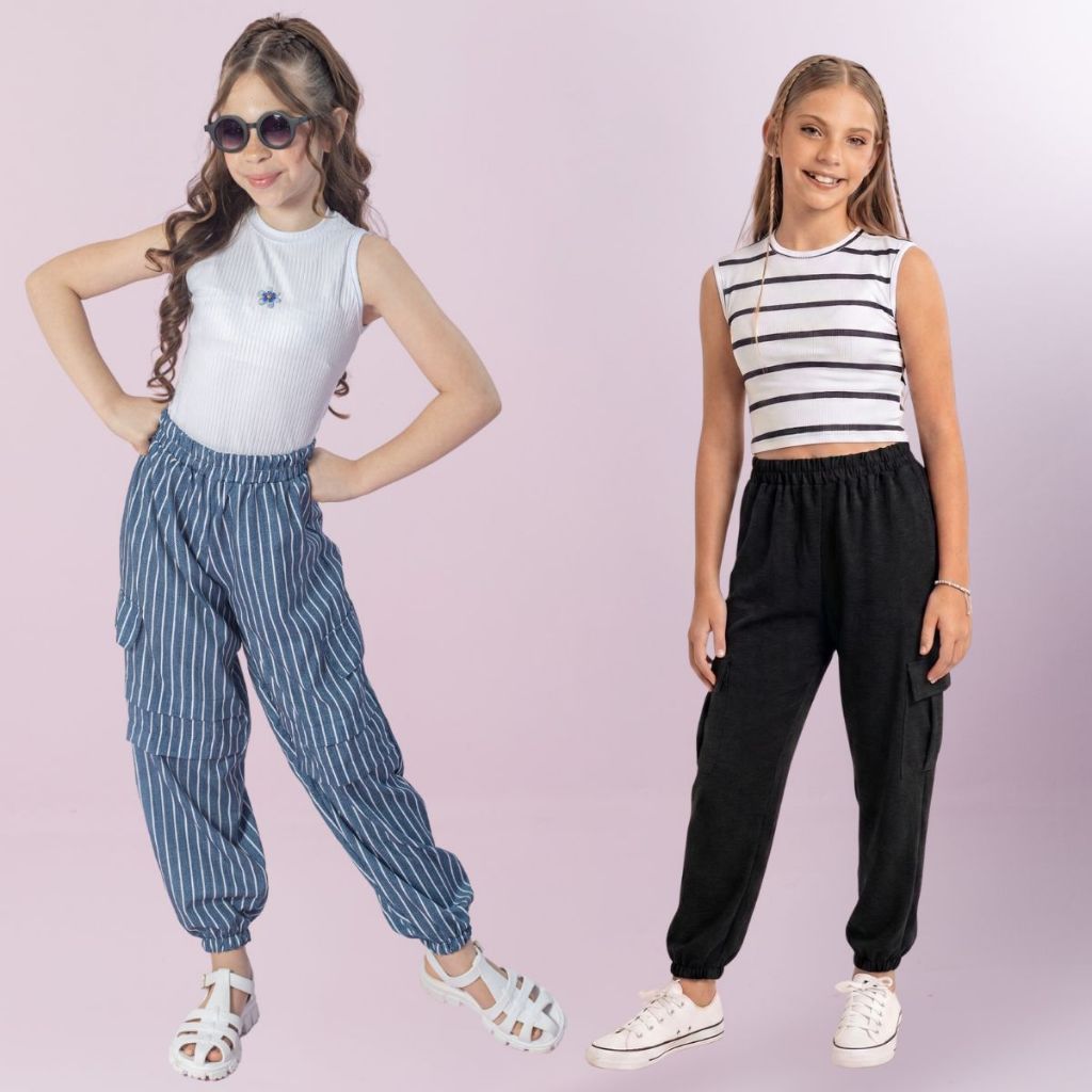 Conjunto Menina Infantil Blogueirinha Calça Jogger Cropeed Blusa Diva Festa Luxo Feminino Listrado