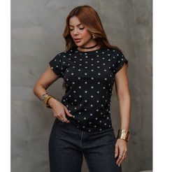 Blusa Feminina Estampa Poá Bolinhas Manga Curta Casual Confortável SD4105