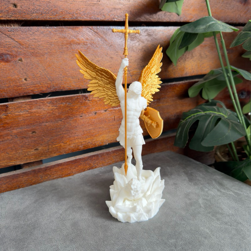 Imagem São Miguel Arcanjo Asa Dourada Religiosa Impressa em 3D Decoração Católica Presente Religioso