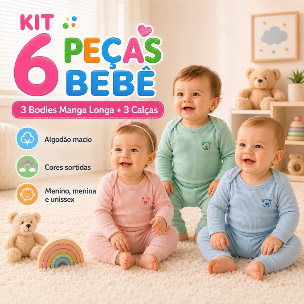 Kit 6 Peças Bebê Ursinho 3 Body Manga Longa + 3 Calça Ribana Roupa de Bebê Menina e Menino