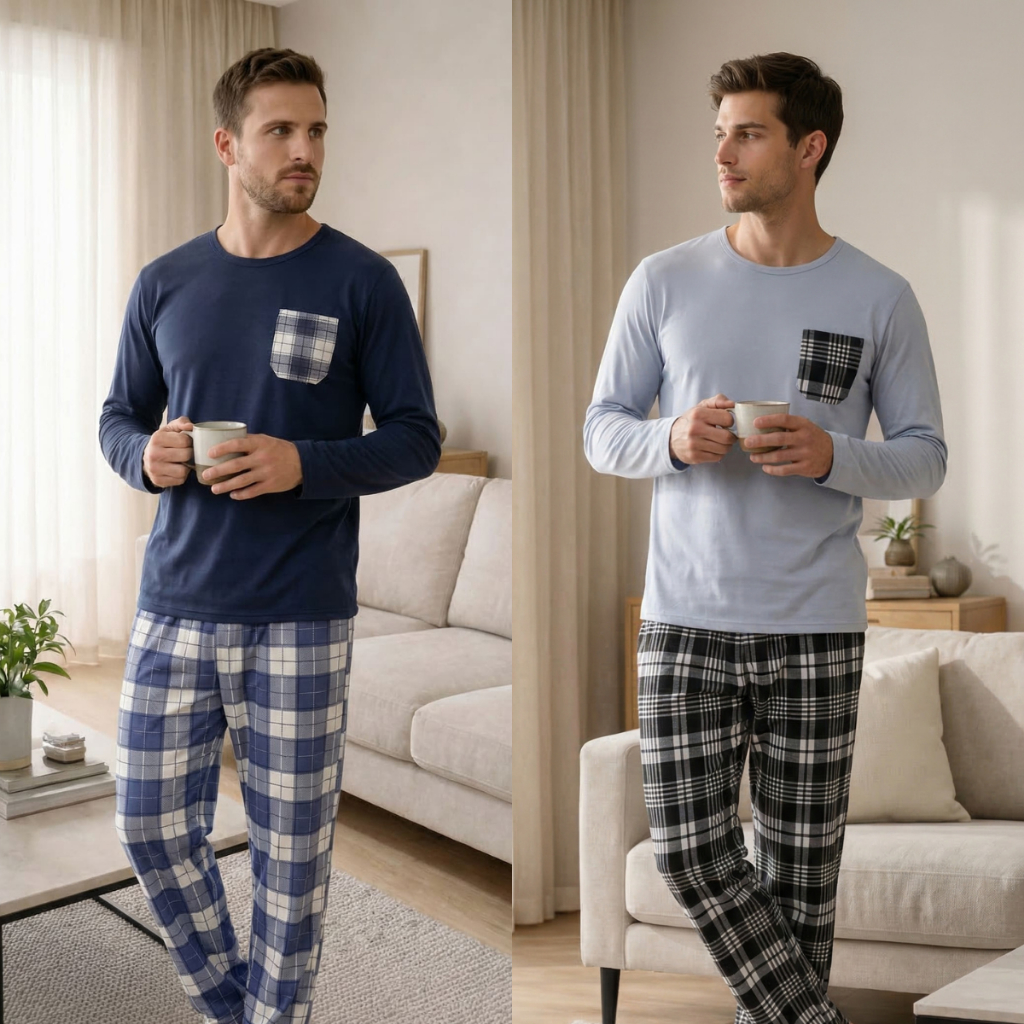 Kit 2 Pijamas Masculino Xadrez de Frio Inverno Manga Longa  Calça De Malha Promoção