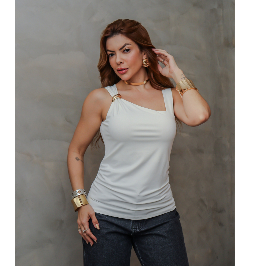 Blusa Feminina Regata Gola Quadrada com Argola Elegante Casual Confortável Verão SD4076