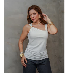 Blusa Feminina Regata Gola Quadrada com Argola Elegante Casual Confortável Verão SD4076