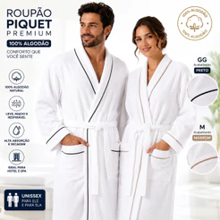 Roupão de Banho Piquet 100% Algodão Hotel Spa Luxo Premium Unissex Airbnb Pousada Robe 306g M GG