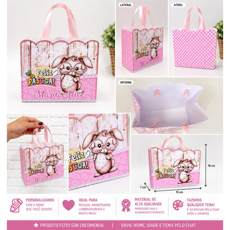 Sacolinha Personalizada para Lembrancinhas | Sacola de Papel Personalizada com Nome | Festa Infantil, Aniversário, Pásco