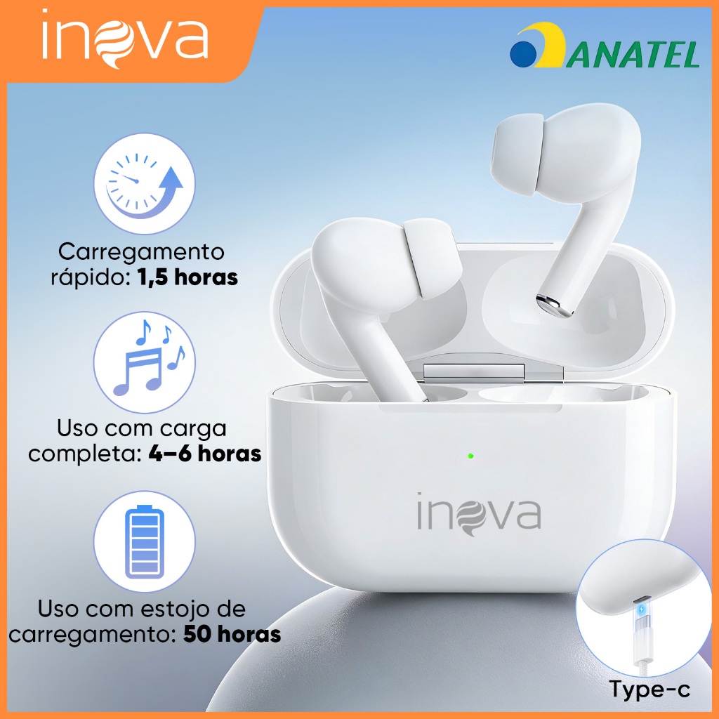 INOVA Fone de ouvido Bluetooth com microfone TWS estéreo ENC redução de ruído Bluetooth 5.3 bateria de longa duração