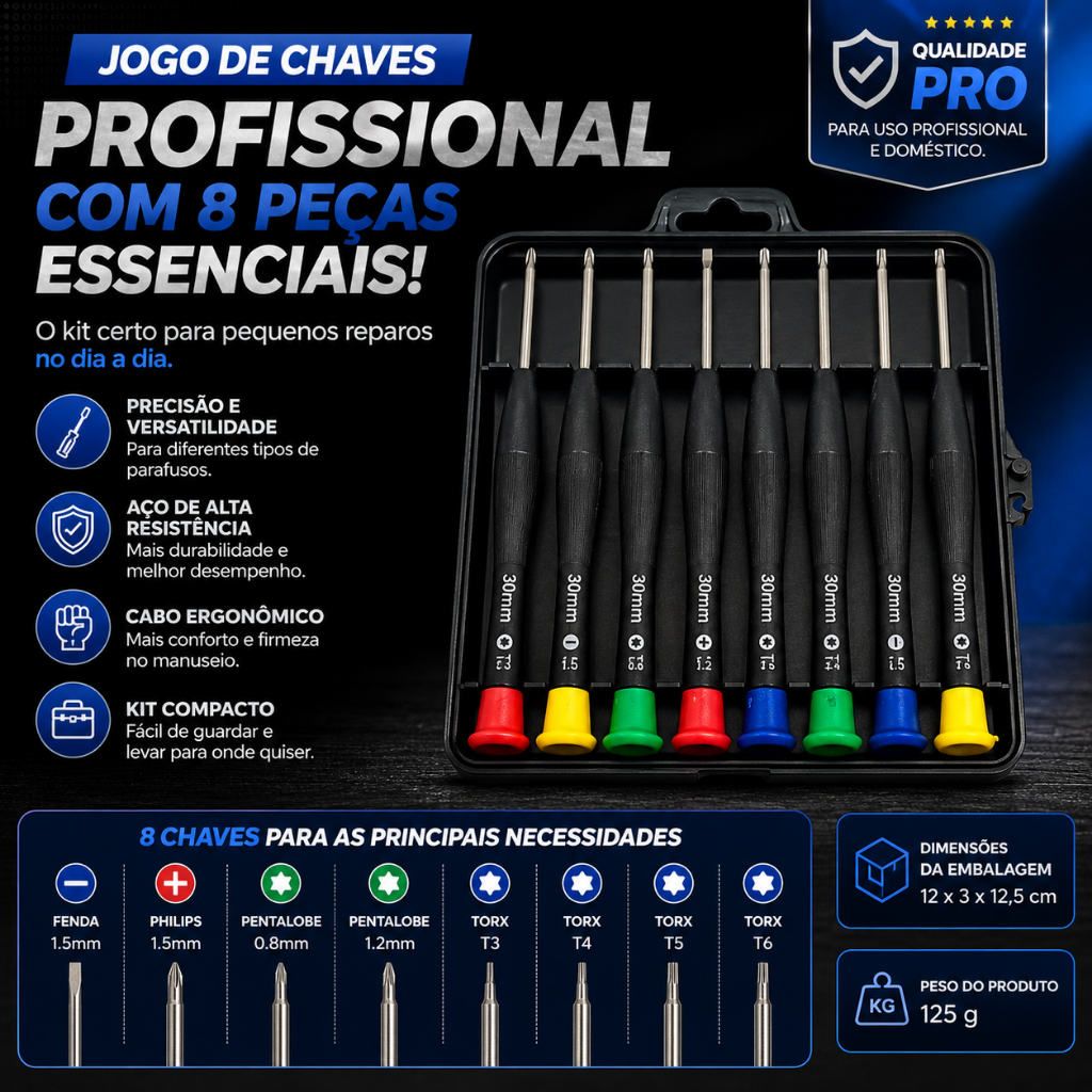 Jogo de Chaves de Precisão 8 Peças Profissional com Fenda, Phillips, Pentalobe e Torx para Eletrônicos e Pequenos Reparo