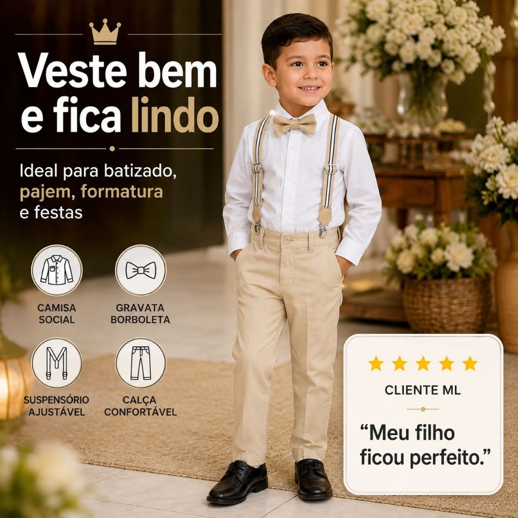 Conjunto Roupa Social Calça Nude Camisa Suspensório Gravata Branca Batizado Formatura Pajem Casamento Festa