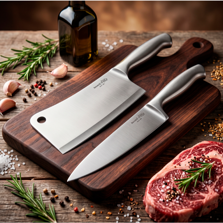 Faca e Cutelo Inteiriço em Aço Inox Profissional para Churrasco Açougue Cozinha e Frigorífico