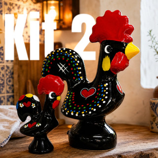 Kit Galo Português Grande de Cerâmica Pintado à Mão Artesanato Galinho Decorativo Enfeite Oferta Pintada a Mão Casal