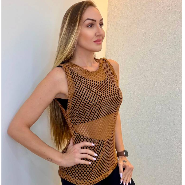 Blusa Feminina Regata Fitness Transparente Academia Tule Arrastão