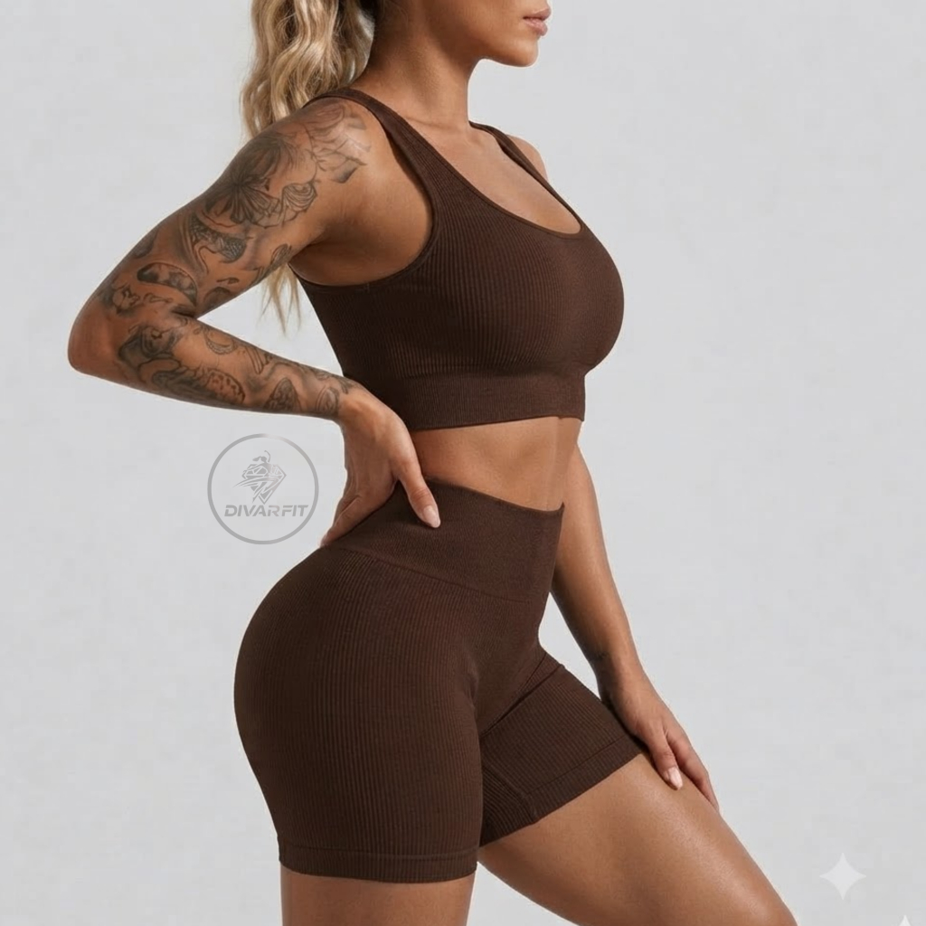 Conjunto Fitness Canelado Premium Short Zero Transparência Top Com Bojo (Removível) Costas Nadador Academia Treino Yoga