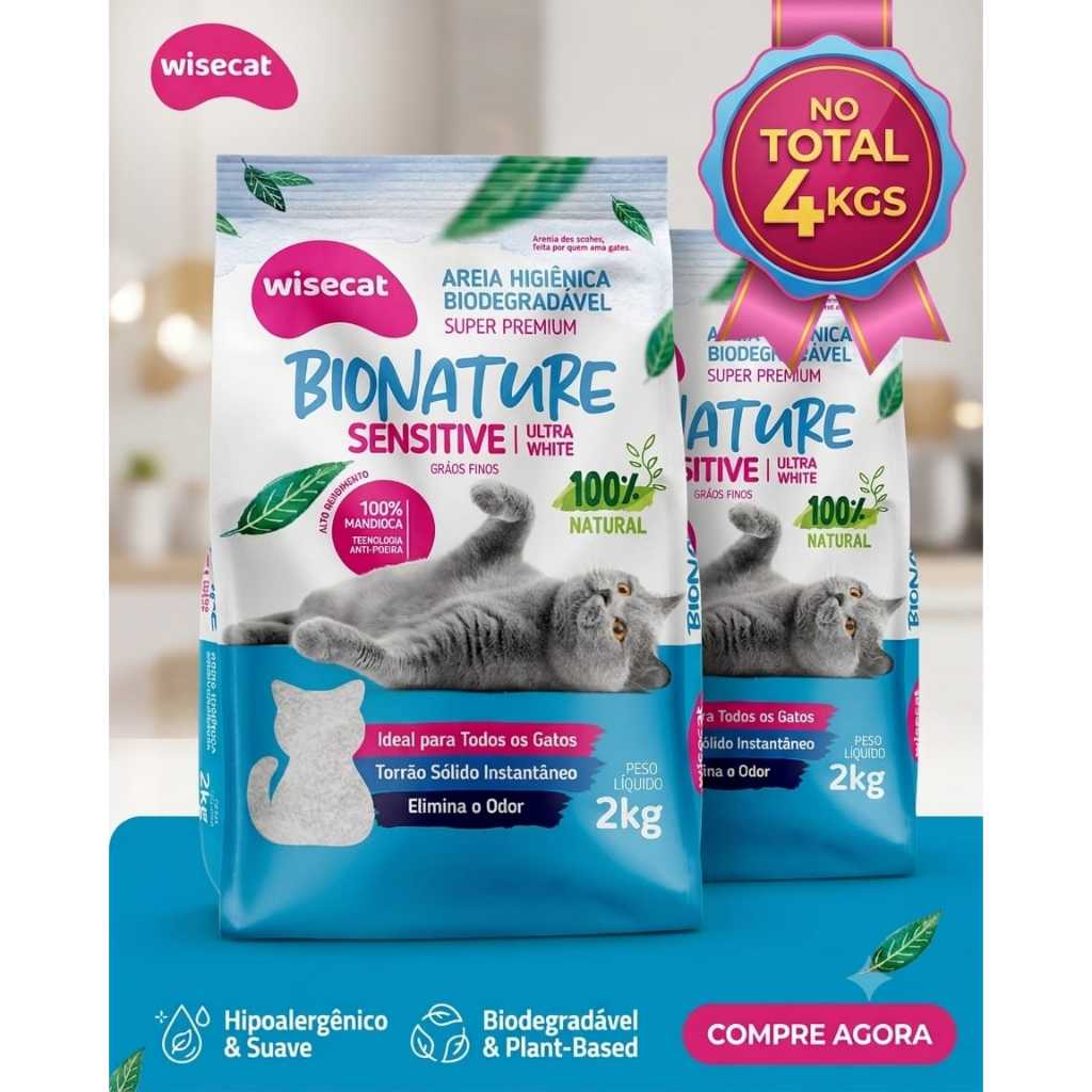 Kit 2 Areia para Gato Higiênica Biodegrádavel 100% Mandioca WiseCat Bionature Sensitive 2kgs Grãos Finos Elmina Odor
