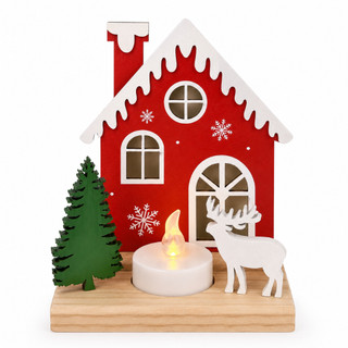 Enfeite de Natal - Casinha de Natal Iluminada com rena e árvore - Acompanha Vela