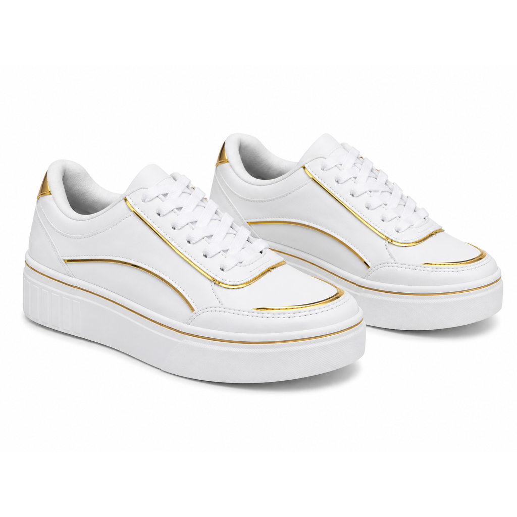 TENIS CASUAL FEMININO DIA A DIA LEVE E CONFORTAVEL, SOLADO EM BORRACHA, DETALHE PRATA, DOURADO