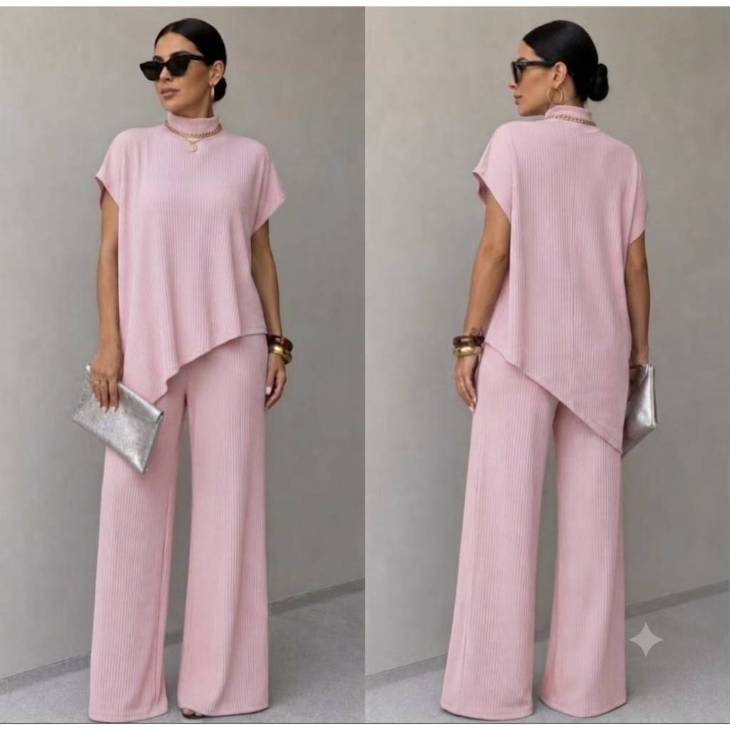 Conjunto Feminino Assimétrico Anaruga gola alta elegante confortável Calça Pantalona alongada moda