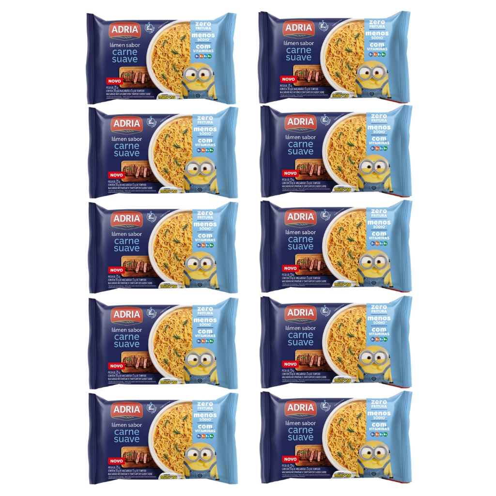 Kit 10un Macarrão Instantâneo Adria Carne Minions Não Frito 75g