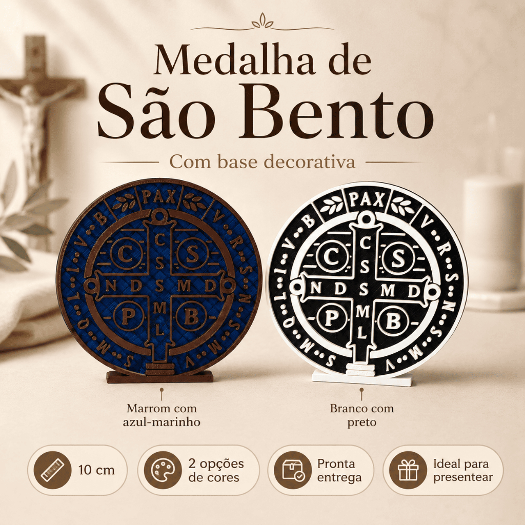 Medalha de São Bento Decorativa com Base Integrada 10 cm Enfeite Religioso Mesa Altar Casa Escritório Presente Católico!