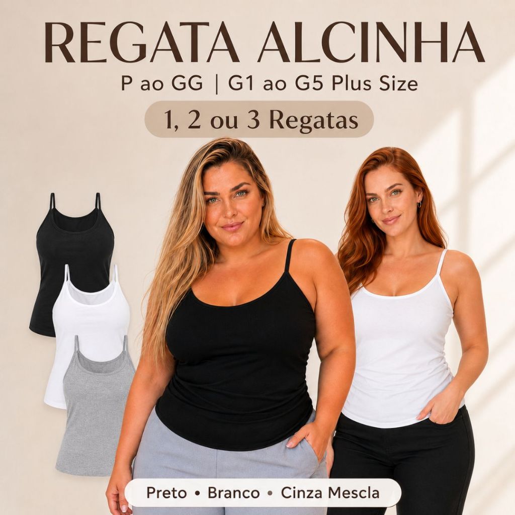 Regata Feminina de Alcinha 1 2 ou 3 Peças Viscose com Elastano P ao G5
