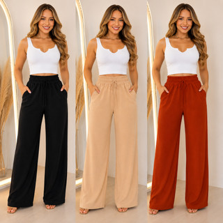 Calça Feminina Pantalona Cos Alto Cintura Alta Com Bolso