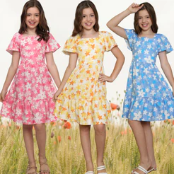 vestido curto juvenil/infantil manga flare estampada tecido duna