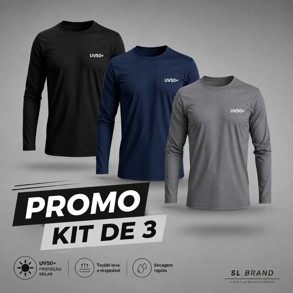 Kit 3 Camisetas Térmicas Manga Longa Proteção Solar UV 50+ Segunda Pele Moto Unissex Feminina Masculina