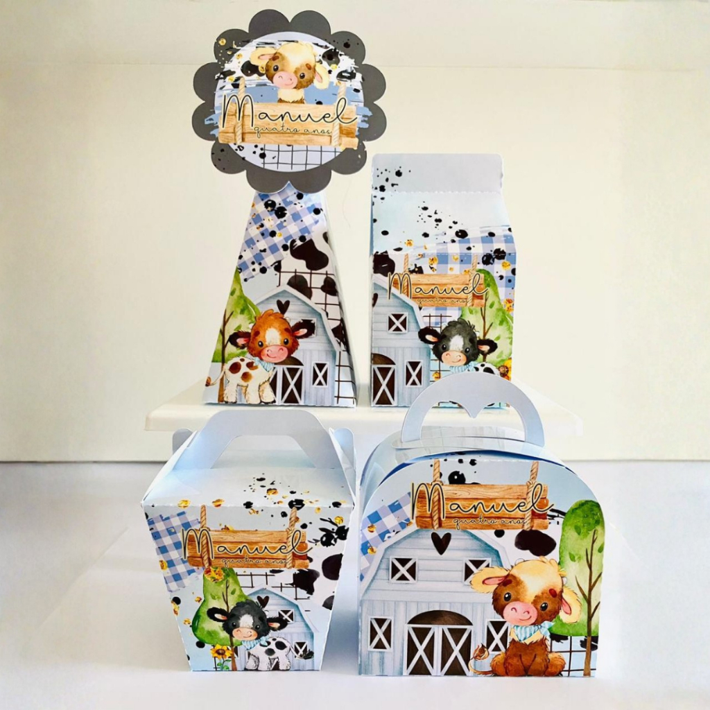 ENVIO RÁPIDO - KIT FESTA FAZENDINHA AZUL LEMBRANCINHAS CAIXINHAS PERSONALIZADAS MONTAGEM FÁCIL