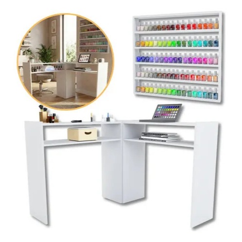 Mesa Manicure Profissional Em L Mesa Nail Designer Com Expositor De Esmaltes Prateleira de Esmalte