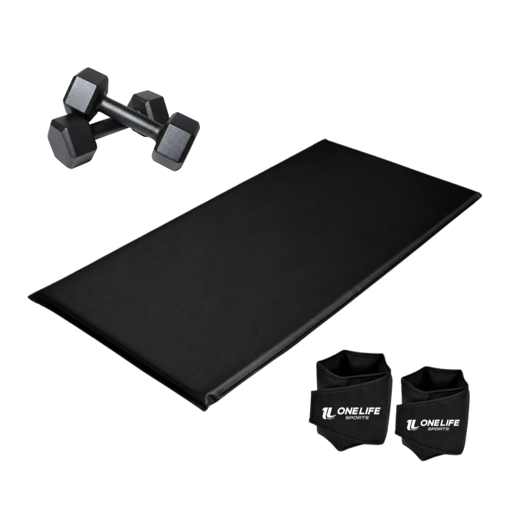 Kit Treino Colchonete, Par Halter Sextavado 3kg e Par Caneleira