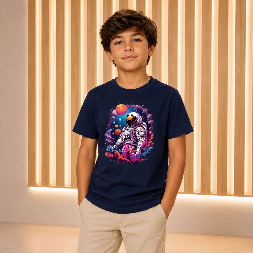 Camiseta Infantil Astronauta Universo Galáxia Camisa Estampada Menino Estilo Moderno Premium