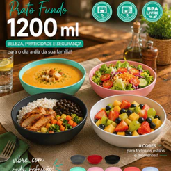 Prato Fundo Helsim 1200ml Kit 3 ou 6 Unidades Resistente BPA Free Pode Ir Micro-ondas e Lava-louças