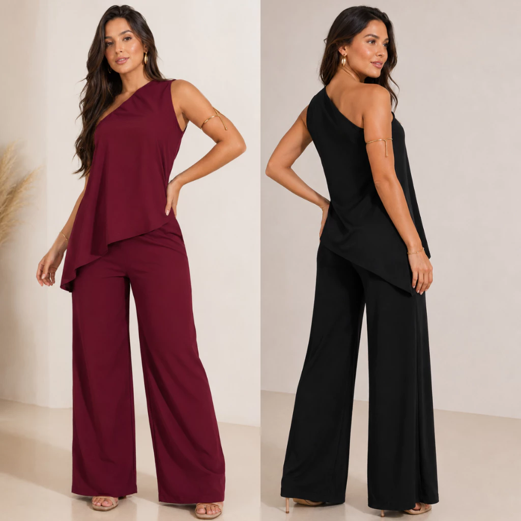 Conjunto Feminino Uma Alça Social Duna Elegante Blusa Nula Manga e Calça Pantalona Alfaiataria Mula Manca Outono Inverno — imagem 1