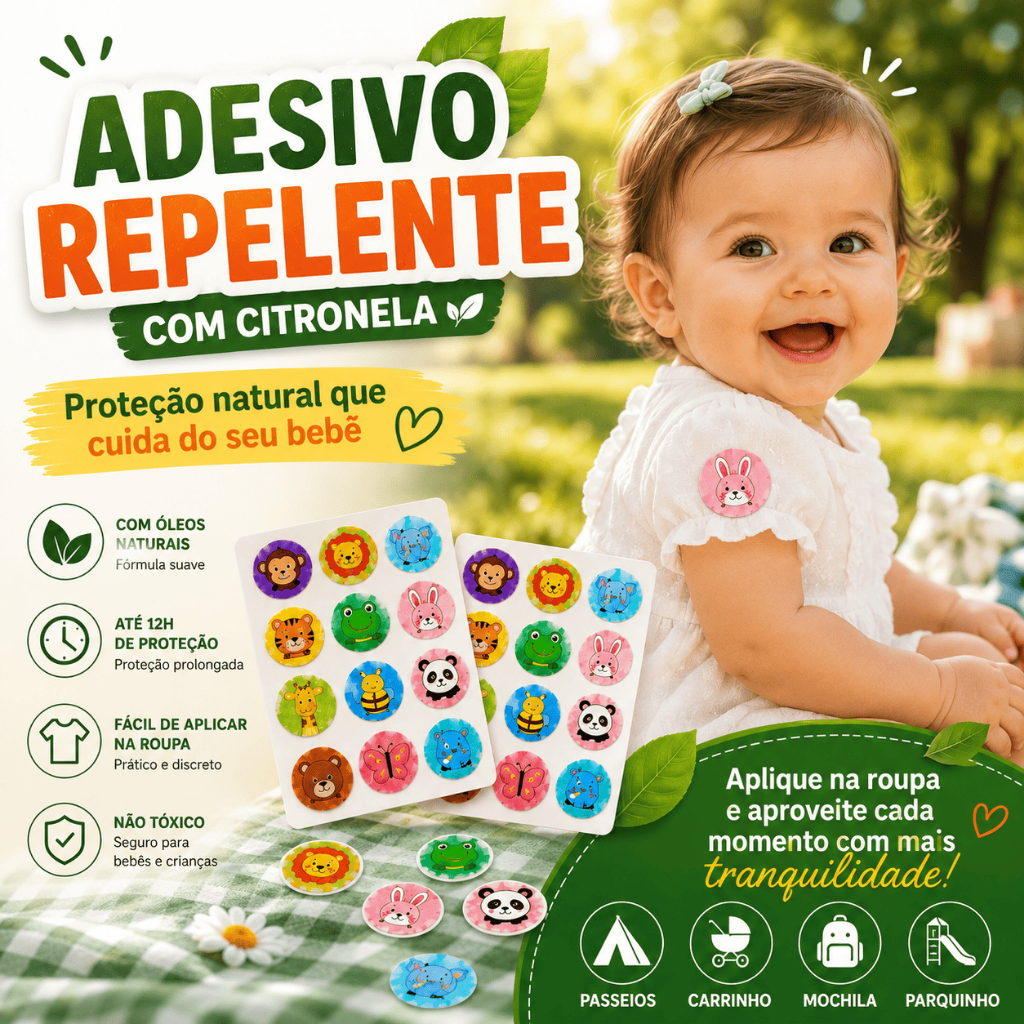 Adesivo Repelente Infantil de Citronela 36/72/144 Unidades Natural Anti Mosquito Não Tóxico para Bebês e Crianças