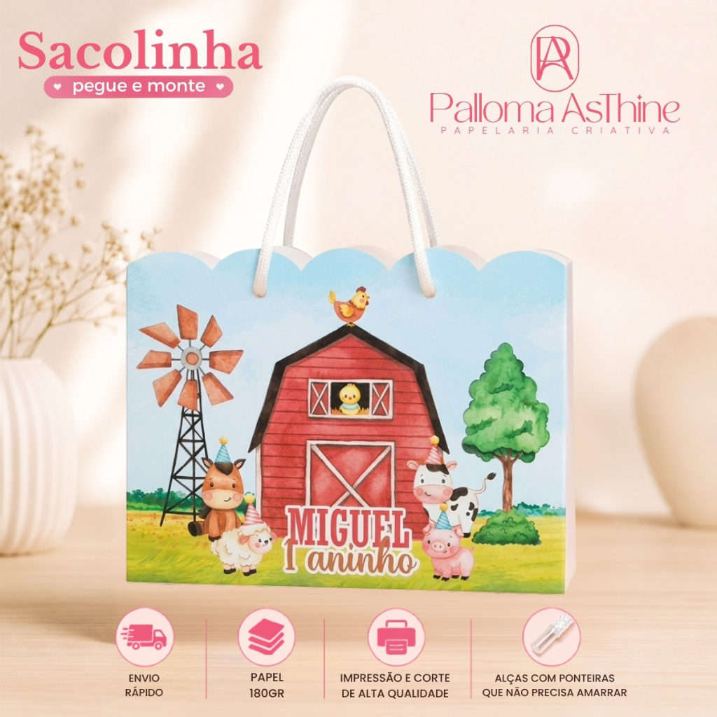 Sacolinha pegue/monte fazendinha vermelha lembrancinha personalizada aniversário 20x15x7cm