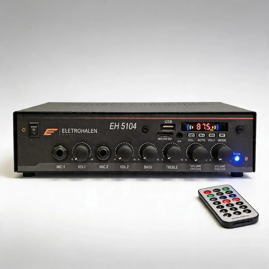 Receiver Amplificador Som Ambiente EH 5104 4 Canais 120W RMS Bluetooth FM USB RCA 2 P10 Bivolt