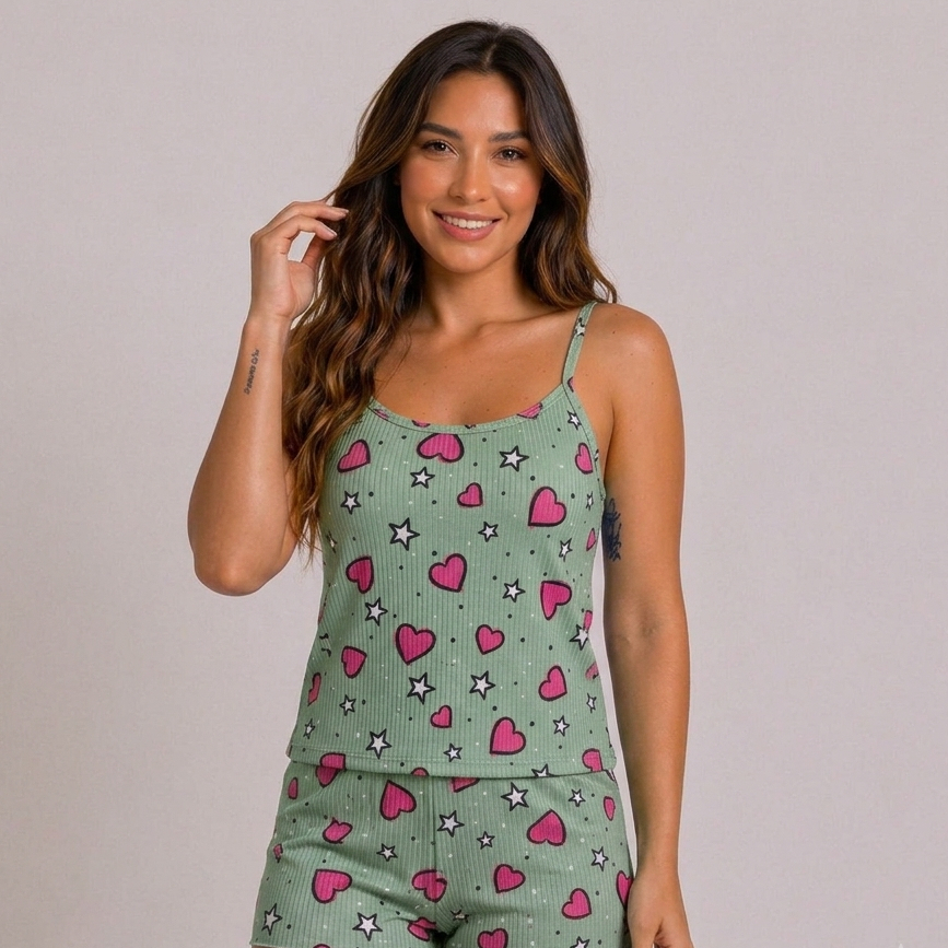 Conjunto Pijama Curto Suede Estampado Feminino Conforto Dia a Dia Pijama Com Alcinha Baby Doll Short Canelado Verde