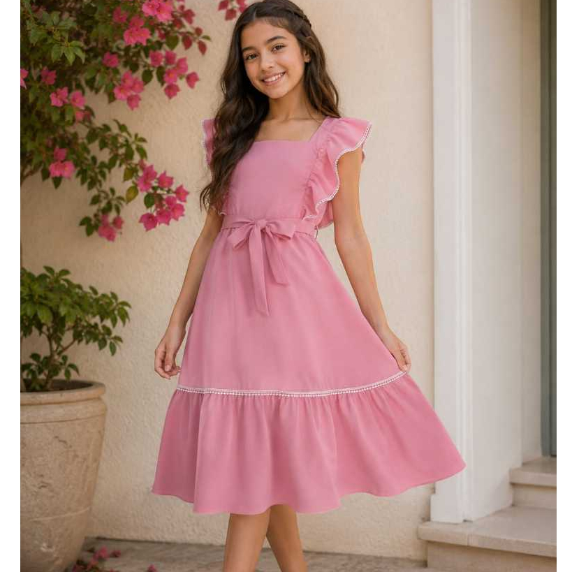 Vestido infantil juvenil com babado, detalhe de renda, lastex em costa, saia com renda laço na cintura