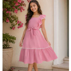 Vestido infantil juvenil com babado, detalhe de renda, lastex em costa, saia com renda laço na cintura