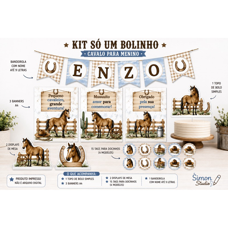 Kit Festa Só Um Bolinho Cavalo | Personalizado com Nome.