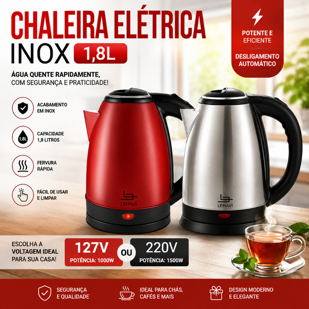 Chaleira Elétrica Inox 1,8L Aquecimento Rápido Desligamento Automático Base 360° 127V 220V