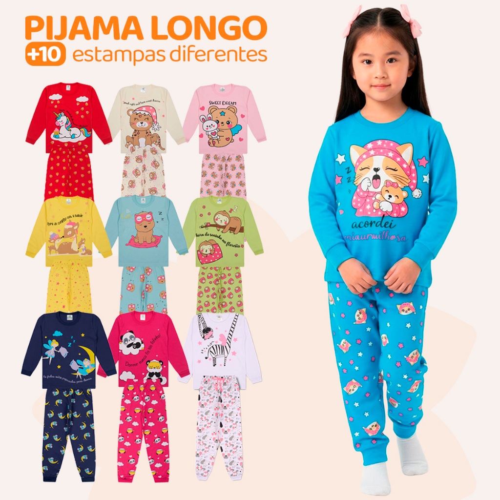 Kit Sortido 3 Pijama Infantil Menina - 3 Camisas manga longa + 3…