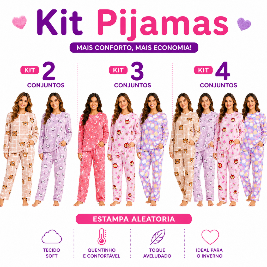 Kit Pijama Soft Feminino Inverno 2 3 ou 4 Conjuntos Peluciado Quentinho Manga Longa Estampa Aleatória