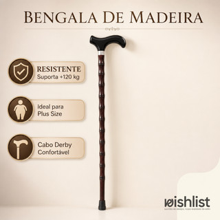Bengala de Madeira Plus Size 90cm Cabo Derby Antiderrapante