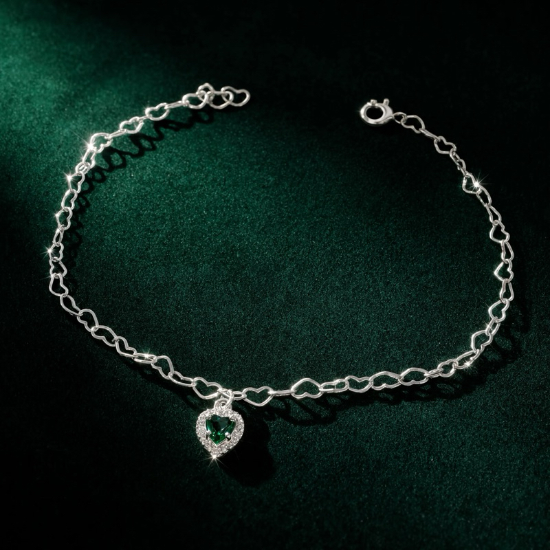Pulseira Feminina Prata 925 Elos de Corações Coração Verde Cravejado Sofisticada