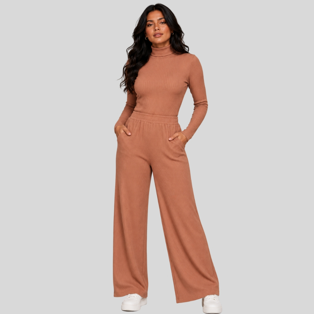 Conjunto Canelado Feminino Inverno | Calça Pantalona + Blusa Gola Alta Cacharrel Elegante