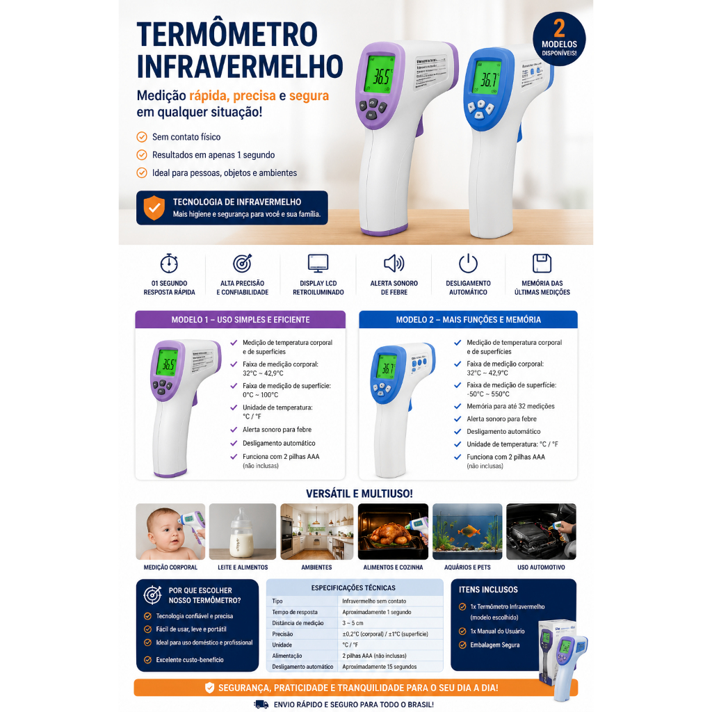 Termômetro Infravermelho Digital Sem Contato – Medição Rápida e Precisa para Corpo e Objetos