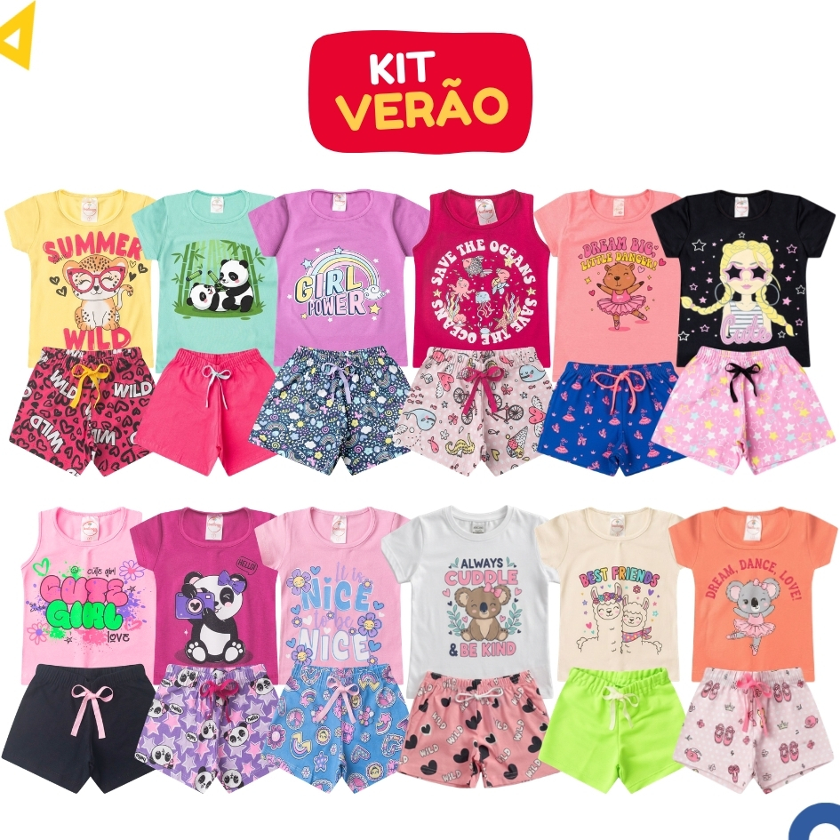 Kit Sortido 8 Peças Roupa Infantil Menina Verão Conjunto Premium Feminino Algodão 4 Blusas + 4 Shorts