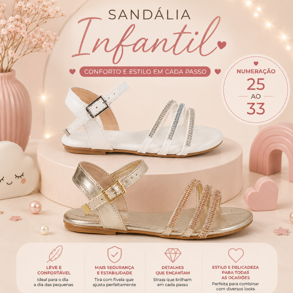 Sandália Infantil Feminina Rasteirinha Meninas Com Tiras Strass Brilho Moda