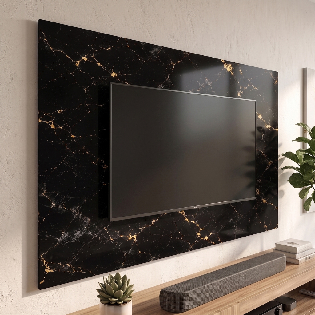 Painel Home Theater 150x90 para TV 40 a 55 Polegadas Preto Marmorizado Veios Dourados Industrial MDF Design Moderno