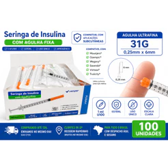 Seringa De Insulina Venper 50UI Agulha Fixa 0,5ml 31G - 0,25x6mm Cx 100 Un 0,5Ml - Alta Qualidade